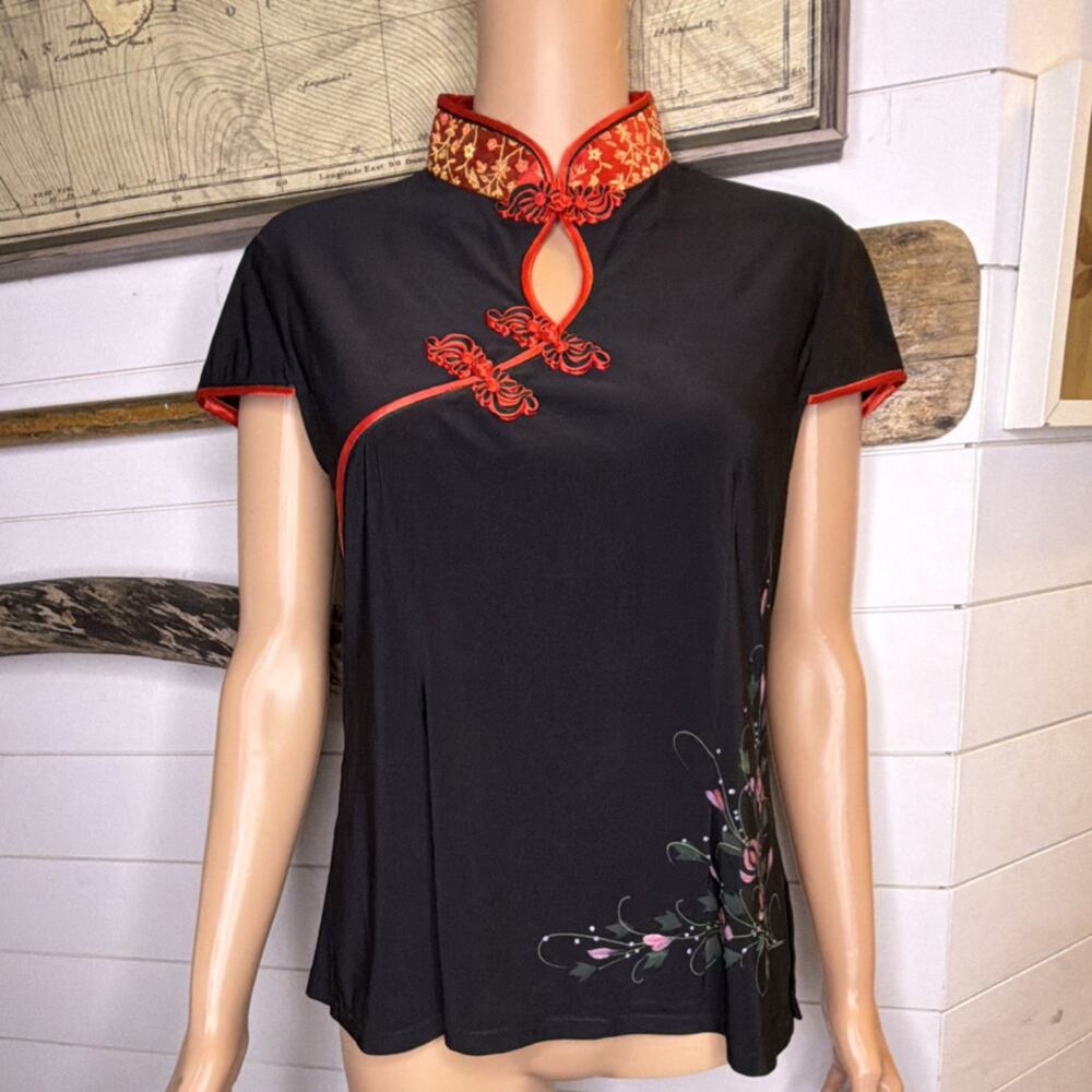 Silver Dragon Black Red Floral Embroidered Mandarin Collar Cap Sleeve Blouse XXL